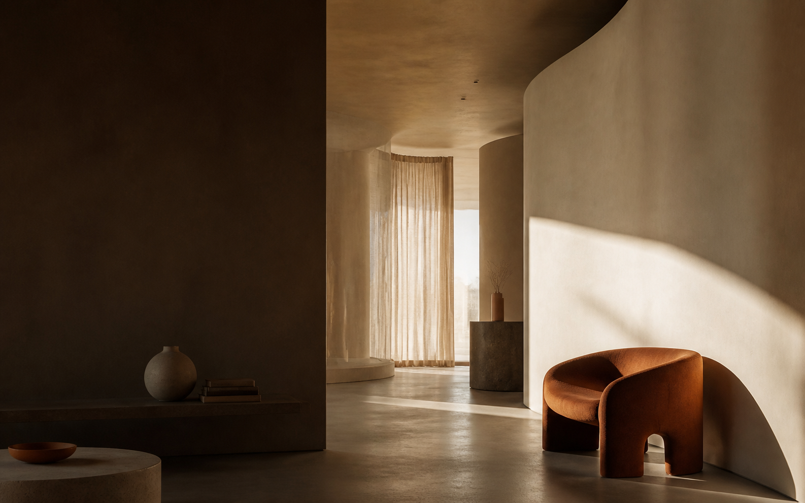 Interior contemporâneo em tons terrosos com luz natural